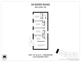 A black and white image of a floor plan for a unit at 59 River Road, Welland, ON.