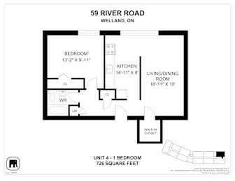 A floor plan for a 1 bedroom apartment at 59 River Road, Welland, ON.