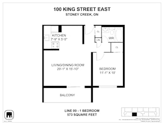 A floor plan for a 100 King Street East property in Stoney Creek, Ontario.