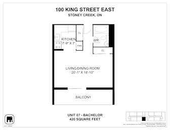 A floor plan for a Bachelor unit at 100 King Street East.