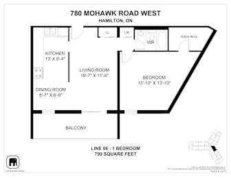 A floor plan for a one bedroom apartment at 780 Mohawk Road West, Hamilton, ON.