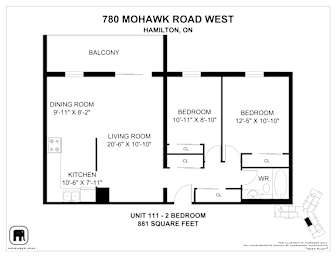 A floor plan for a unit at 780 Mohawk Road West in Hamilton, Ontario.