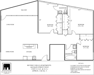 A black and white diagram of a floor plan for apartment living.