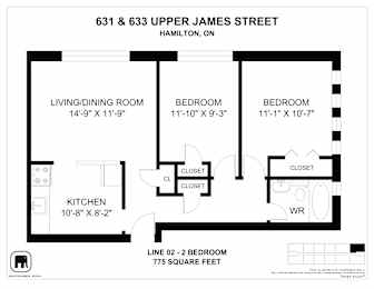 A floor plan for a two bedroom apartment at 631 & 633 Upper James Street, Hamilton, ON.
