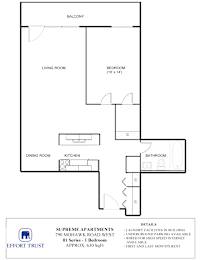 A floor plan for a 1 bedroom apartment in the 790 Mohawk Road West.