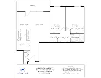 A floor plan of apartment with a balcony, two bedrooms, a living room, a dining room, a kitchen, and a laundry room.