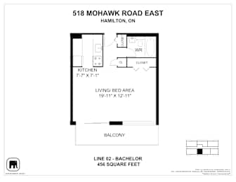 A floor plan for a 456 square feet apartment at 518 Mohawk Road East, Hamilton, ON.