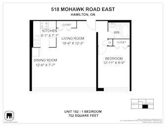A floor plan for a 702 square foot apartment at 518 Mohawk Road East in Hamilton, ON.