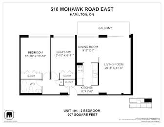 A floor plan for a unit at 518 Mohawk Road East in Hamilton, ON.