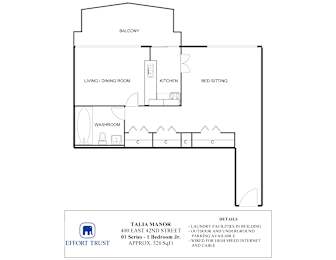 A floor plan for a Talia Manor apartment shows a living room, dining room, kitchen, bed sitting and a washroom.