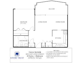 A floor plan for a 1 bedroom apartment at Talia Manor.