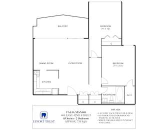 A floor plan for a Talia Manor apartment shows a living room, dining room, kitchen, and three bedrooms.