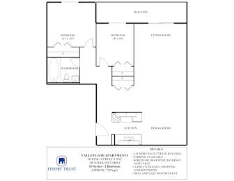 A floor plan of a Valliant Apartments unit showing a living room, two bedrooms, a washroom, a kitchen and a dining room.