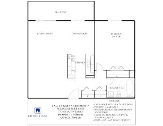 A floor plan for a Valleygate Apartments unit shows a living room, dining room, kitchen, bedroom, and washroom.