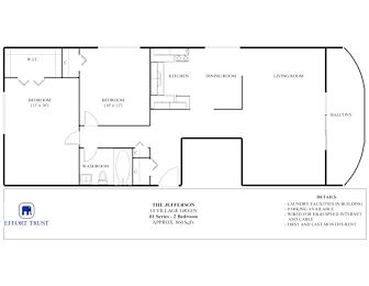 A floor plan of a 2 bedroom, 2 bathroom apartment with a living room and balcony.