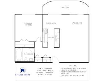 A floor plan for a 10 Village Green apartment shows a single bedroom, a kitchen, a living room, and a dining room.