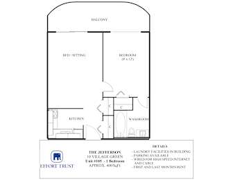 A floor plan of a one bedroom apartment with a balcony and a kitchen.
