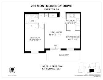 A floor plan for a one bedroom apartment at 230 Montmorency Drive, Hamilton, ON.
