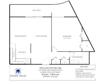 A floor plan of a 150 square meter B series 1 bedroom apartment.