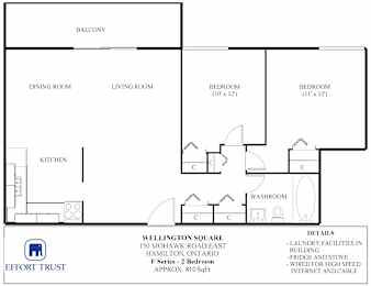 A floor plan of a two bedroom apartment with a living room, dining room, kitchen and two bedrooms.