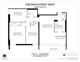 A floor plan for a 1 bedroom apartment at 1928 Main Street West, Hamilton, ON.