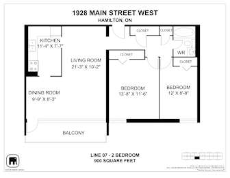 A floor plan for a 1 bedroom apartment at 1928 Main Street West, Hamilton, OH.
