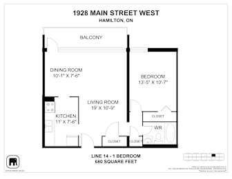 A floor plan for a 1 bedroom apartment at 1928 Main Street West, Hamilton, ON.
