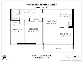 A floor plan for a unit at 1928 Main Street West in Hamilton, Ontario, showing a bedroom, living room, kitchen, dining room, and patio.