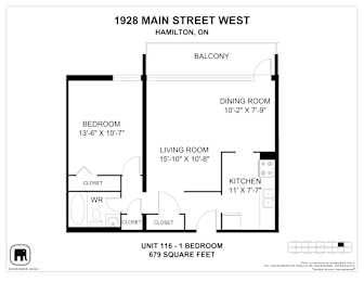A floor plan for a unit at 1928 Main Street West in Hamilton, Ontario, Canada.