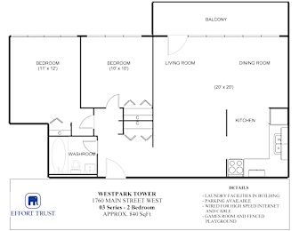 A floor plan for a 2 bedroom apartment at Westpark Tower.