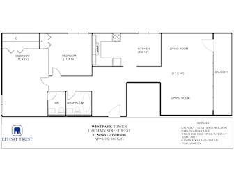 A floor plan of an apartment with two bedrooms, a living room, a dining room, a kitchen, a washroom and a WR.