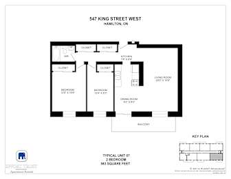 A floor plan for a 2 bedroom apartment at 547 King Street West, Hamilton, ON.