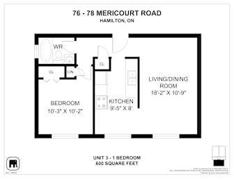 A floor plan for a one bedroom unit at 76-78 Mericourt Road, Hamilton, On.