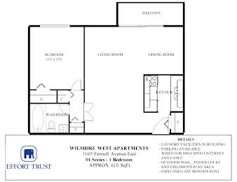 A floor plan for a 1 bedroom apartment with a laundry facility in the building.