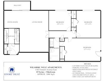 A floor plan for Wilshire West Apartments shows a living room, dining room, kitchen, and three bedrooms.