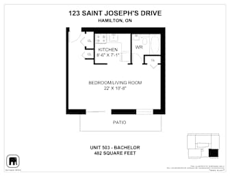 A floor plan for a unit at 123 Saint Joseph's Drive in Hamilton, Ontario.