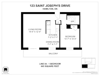 A floor plan for a condo at 123 Saint Joseph's Drive in Hamilton, ON.