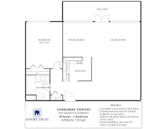 A floor plan for a Yorkshire Towers apartment shows a bedroom, a living room, a dining room, a kitchen and a washroom.