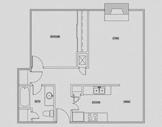 floorplan of a 1-bedroom 1-bathroom unit