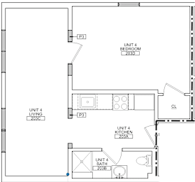 A floor plan of Unit 4 with a living room, kitchen, bathroom, and bedroom.