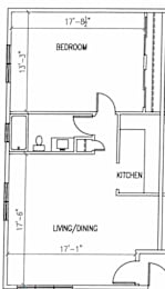 A floor plan of a small apartment with a bedroom, kitchen, and living/dining area.
