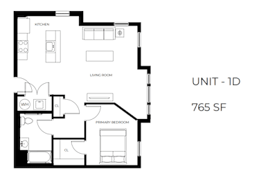 A black and white image of a floor plan for a 1-bedroom apartment.