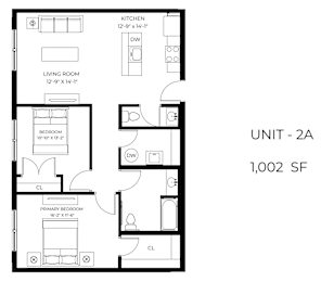 A black and white image of a floor plan for a 1,002 square foot unit.