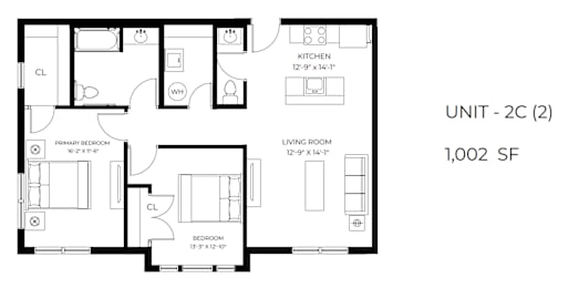 A floor plan of a 1,002 square foot unit with two bedrooms and a living room.
