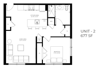 A black and white image of a floor plan for a 677 square foot unit.