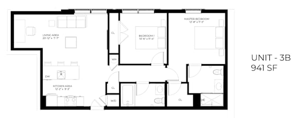 A black and white image of a floor plan for a 3 bedroom apartment.