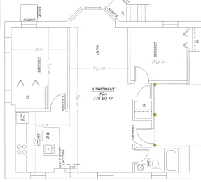A floor plan of an apartment with a living room, bedroom, and bathroom.