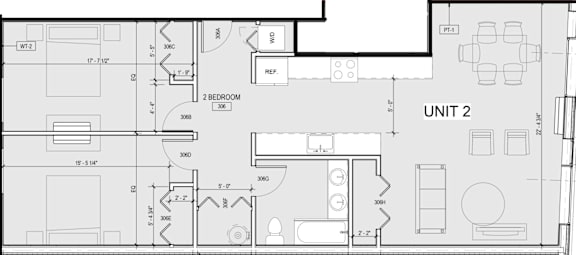 A floor plan of a two bedroom apartment with a living room, kitchen, and bathroom.