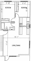 A floor plan of a small apartment with two bedrooms, a living/dining area, and a kitchen.