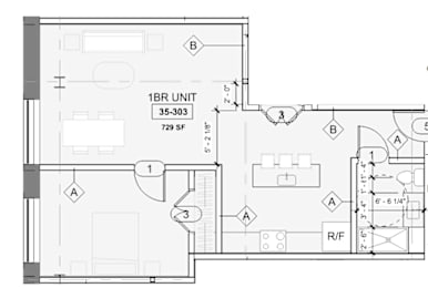 A floor plan of a 1BR unit measuring 35-303 square feet.